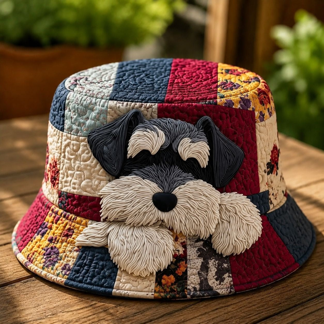 Patchwork Schnauzer Dog Quilted Bucket Hat