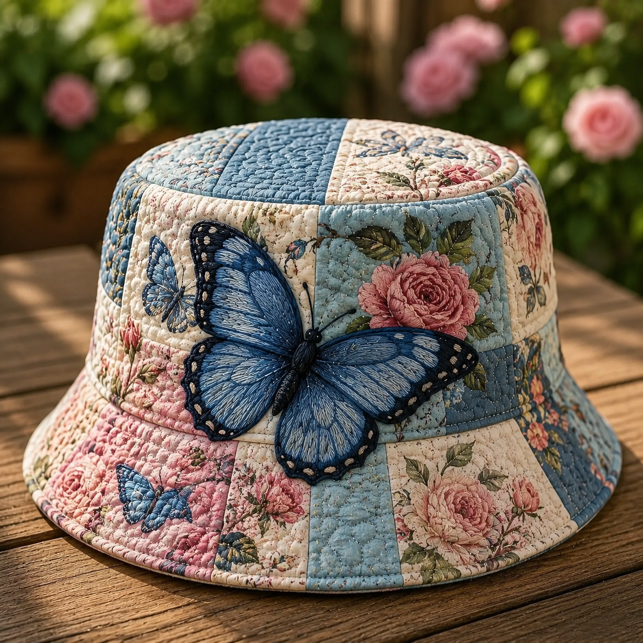 Vintage Blue Butterfly Rose Quilted Fishing Hat