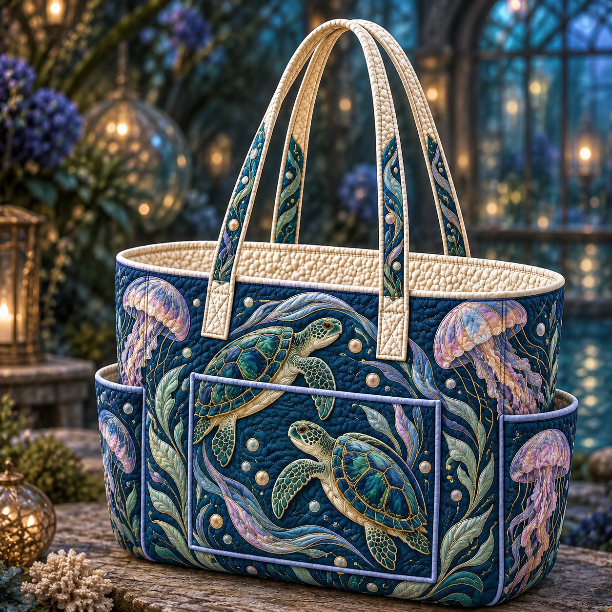 Mystical Jellyfish Sea Turtle Multiple Pockets Quilted Tote Bag