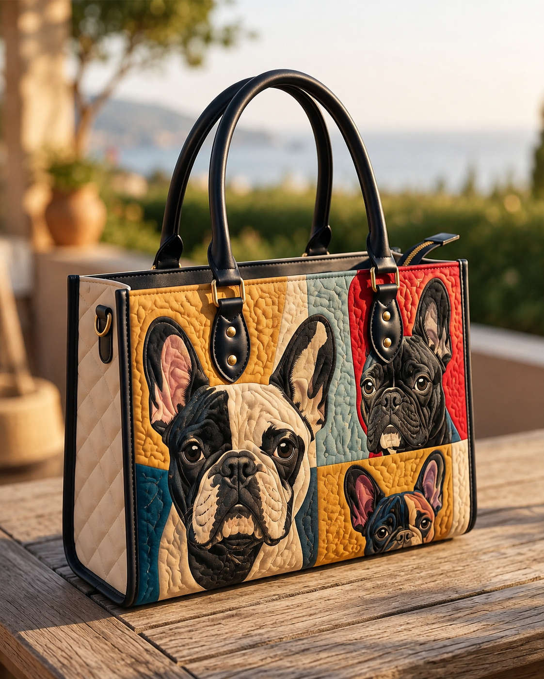 French Bulldog Patchwork Portrait Quilted Leather Strap Bible Handbag