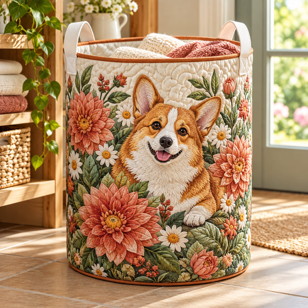 Corgi Floral Garden Quilted Laundry Basket