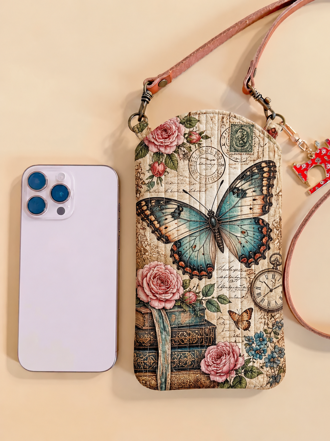 Shabby Chic Butterfly Rose Quilted Slim Phone Crossbody Bag