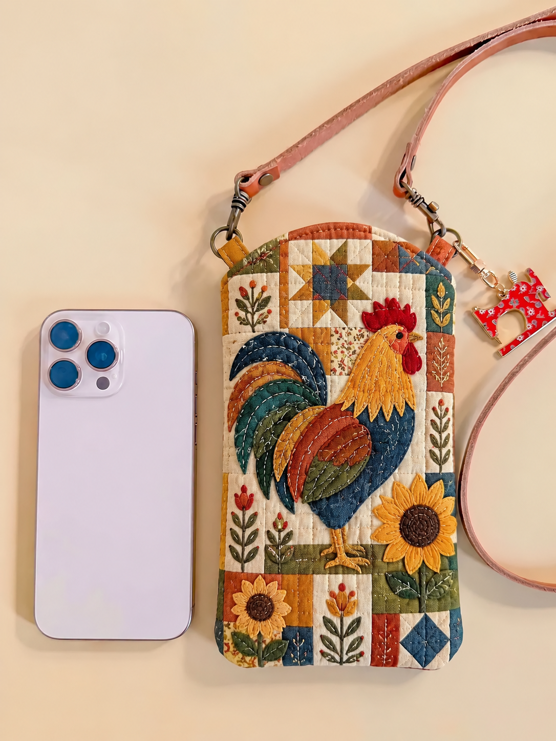 Rustic Rooster Sunflower Quilted Slim Phone Crossbody Bag