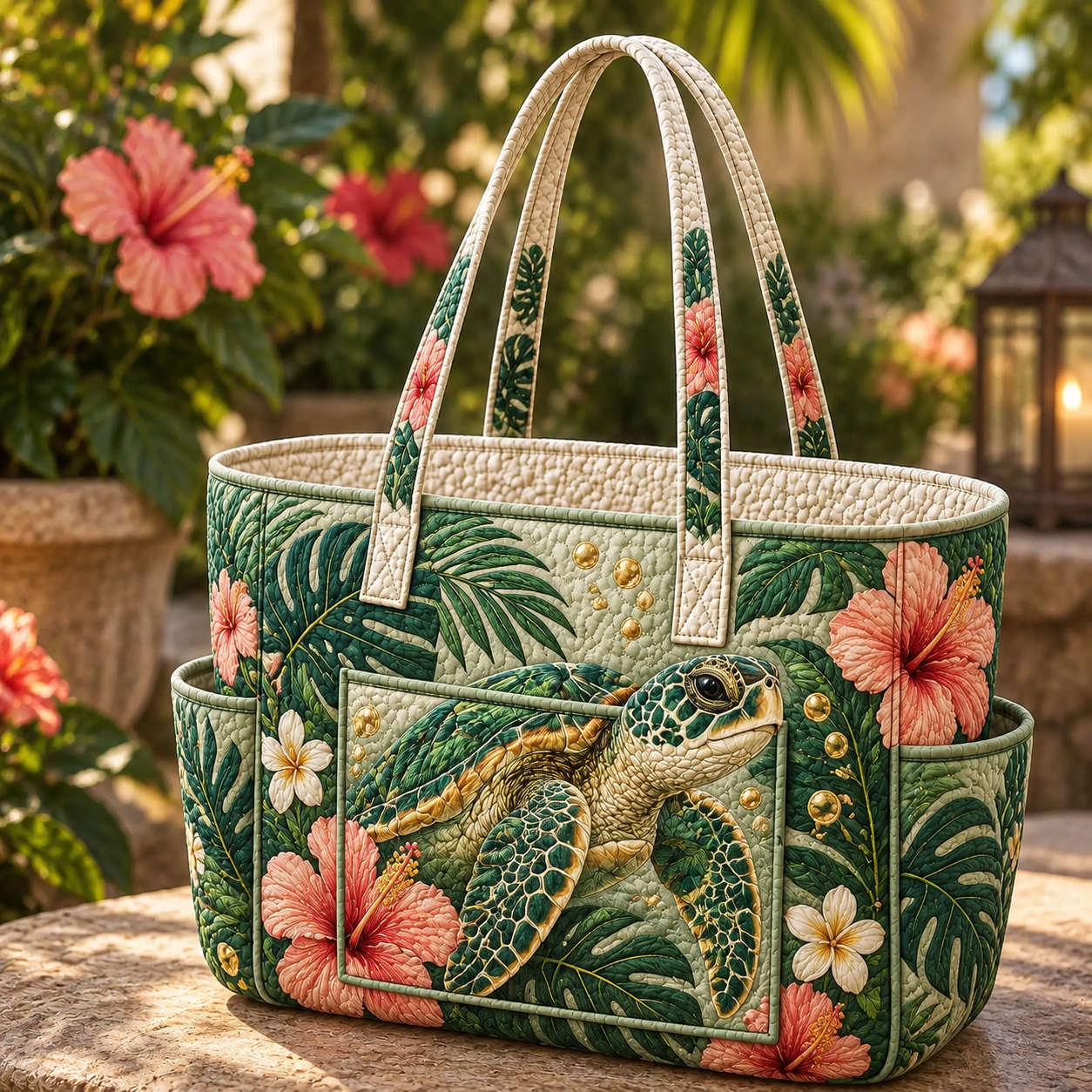 Tropical Hibiscus Sea Turtle Multiple Pockets Quilted Tote Bag