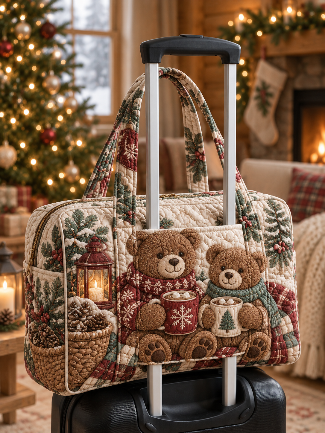 Teddy Bear Christmas Cheer Quilted Weekender Bag With Trolley Sleeve