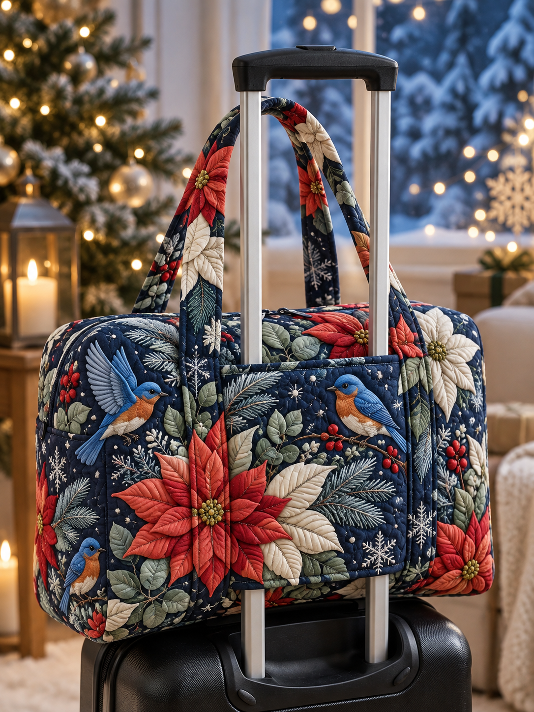Blue Winter Poinsettia Floral Quilted Weekender Bag With Trolley Sleeve