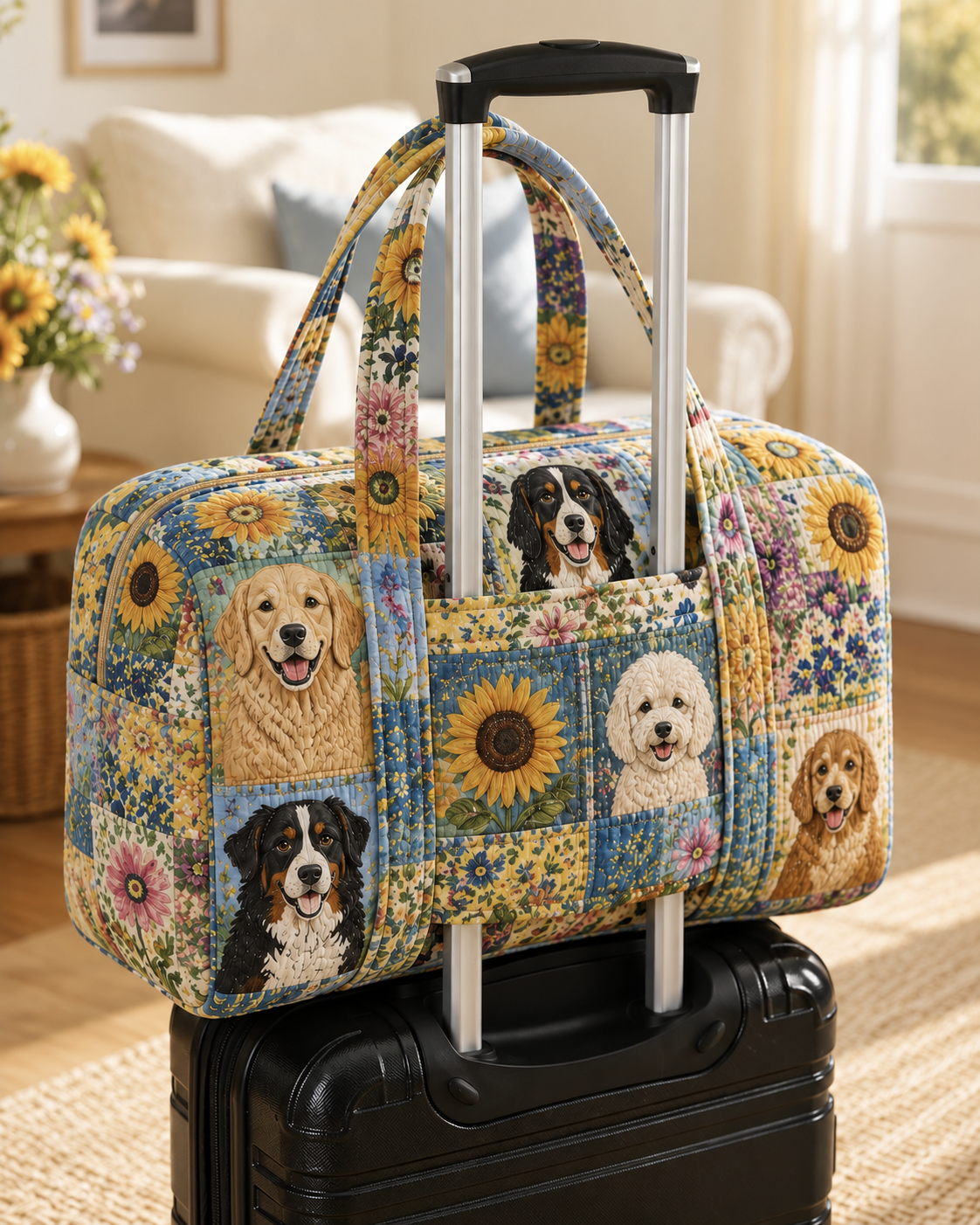 Sunflower Dog Portrait Patchwork Quilted Weekender Bag With Trolley Sleeve