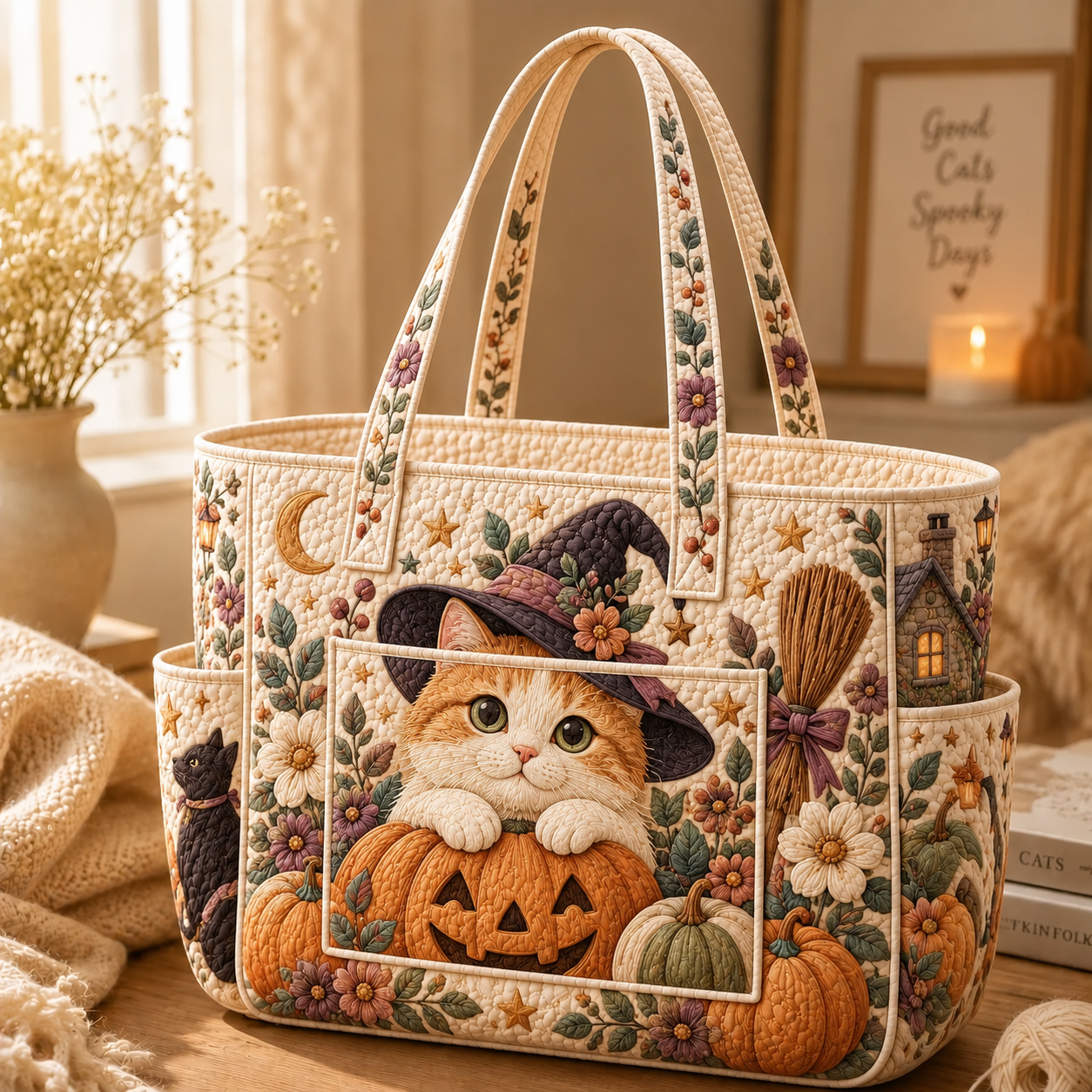 Cat Multiple Pockets Quilted Tote Bag