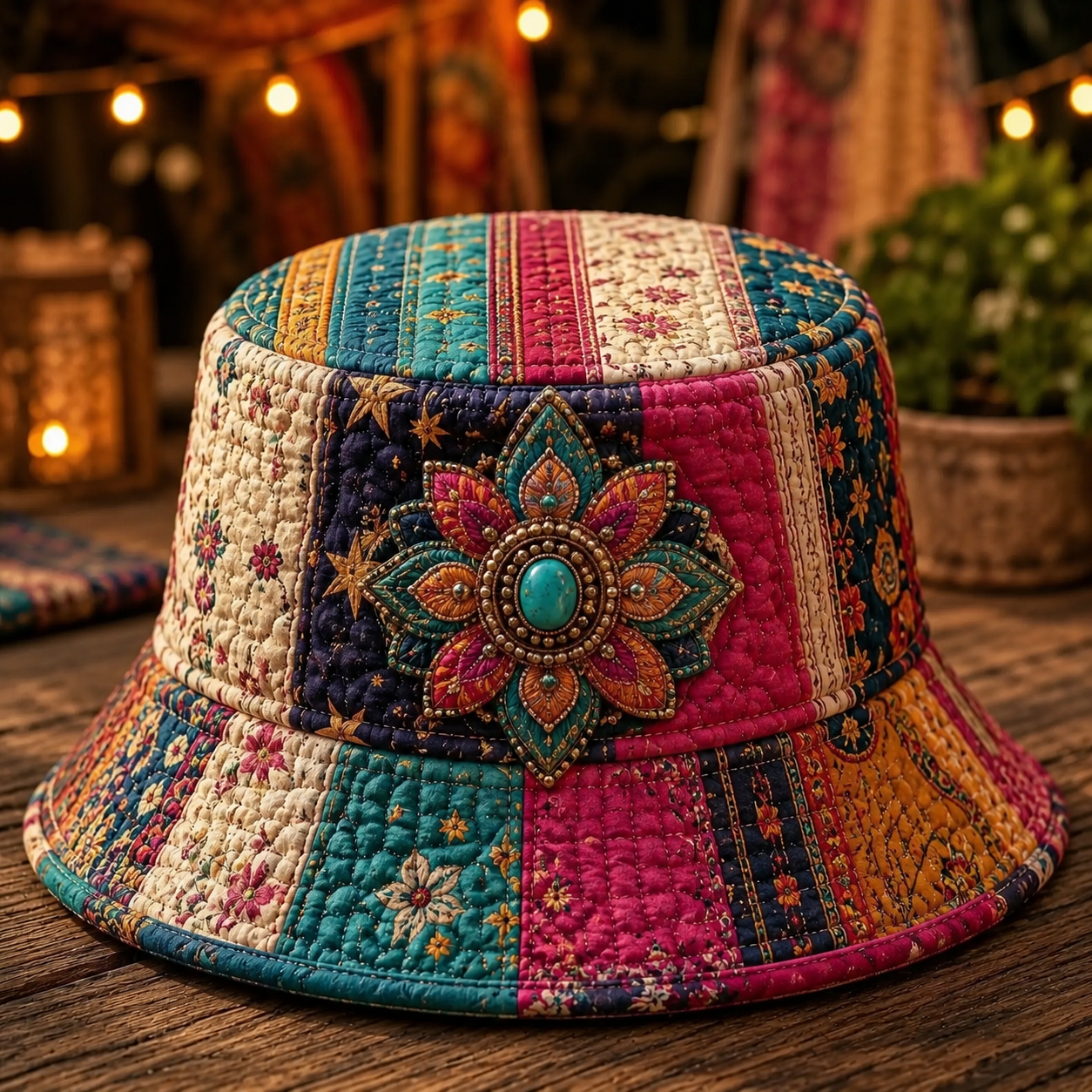 Boho Flower Medallion Patchwork Quilted Fishing Hat