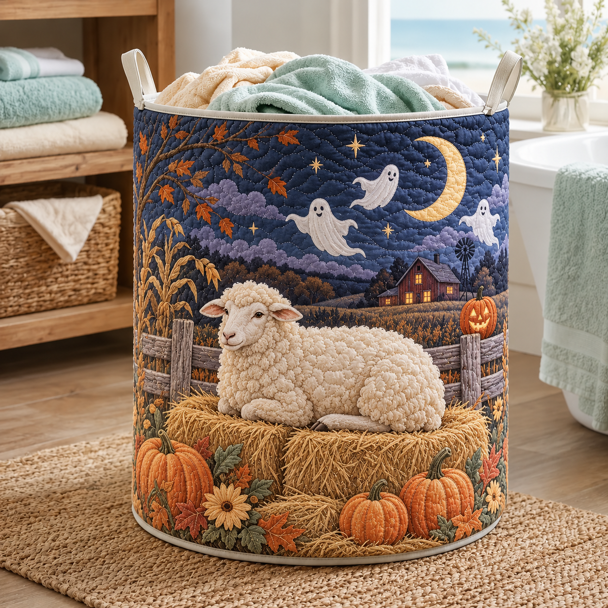 Ghostly Sheep Pumpkin Night Quilted Laundry Basket