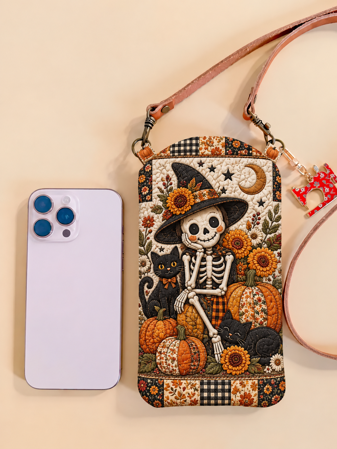 Skeleton Sunflower Halloween Quilted Slim Phone Crossbody Bag