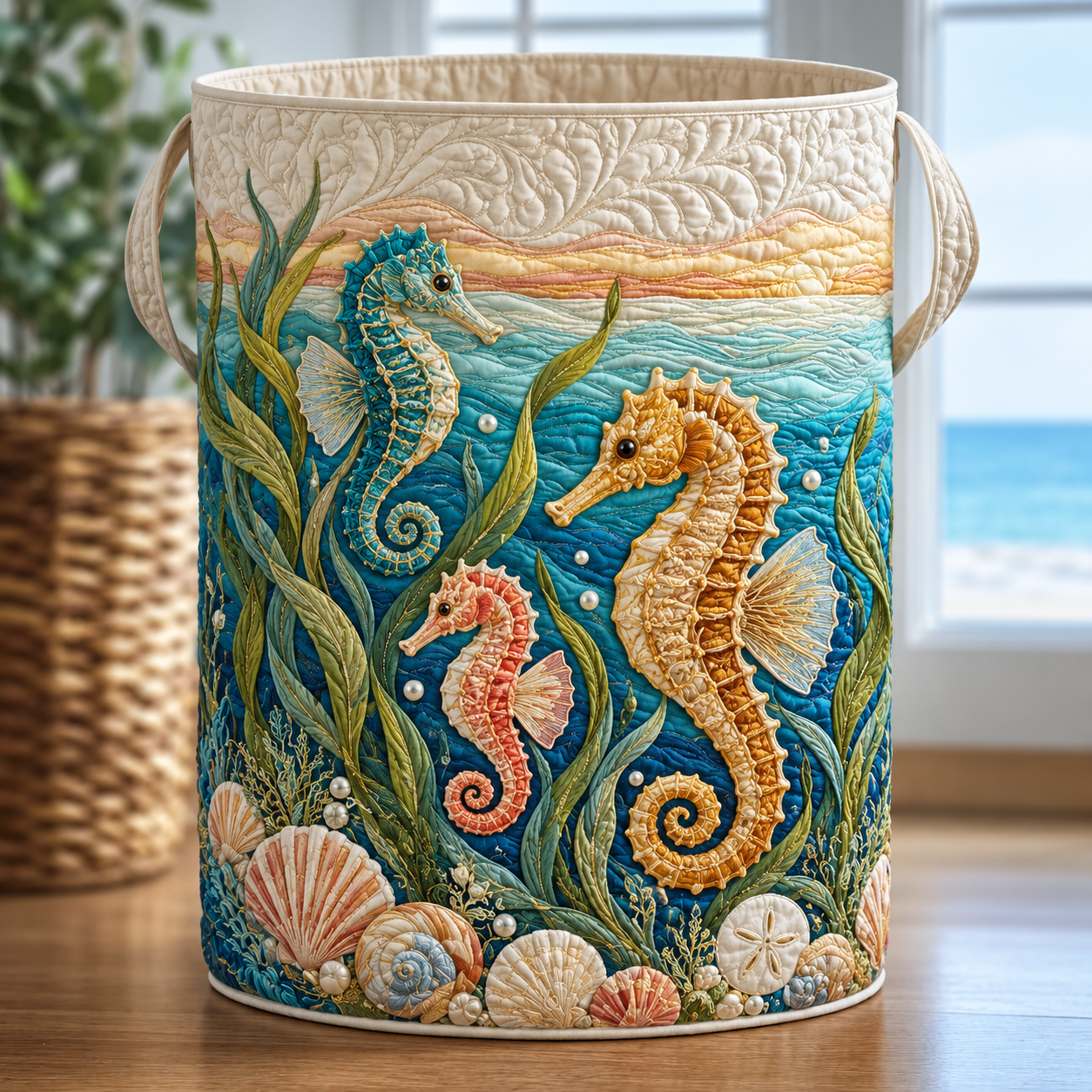 Seahorse Coastal Garden Quilted Laundry Basket