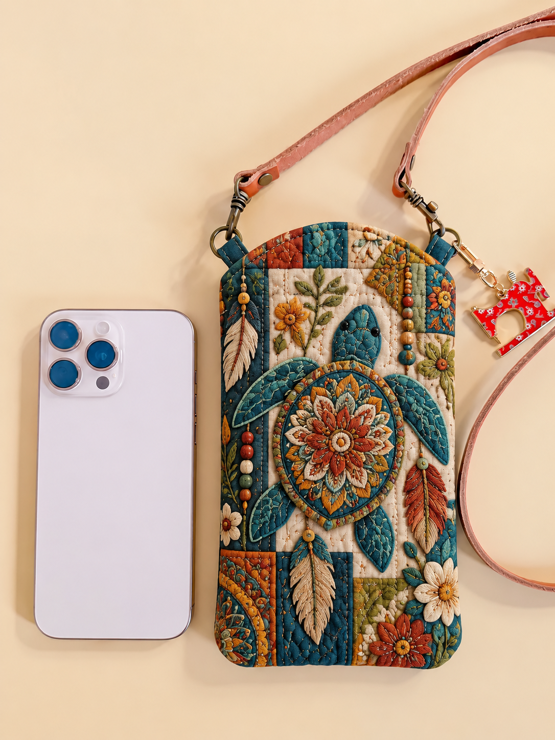 Boho Mandala Sea Turtle Quilted Slim Phone Crossbody Bag