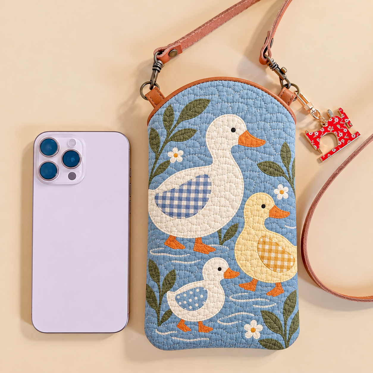 Duck Family Daisy Patchwork Quilted Slim Phone Crossbody Bag