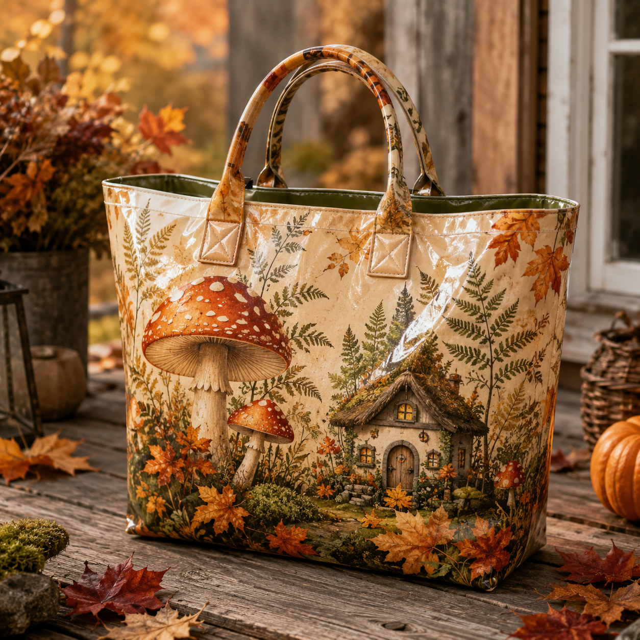 Mushroom Cottage Fall Garden PVC Tote Bag