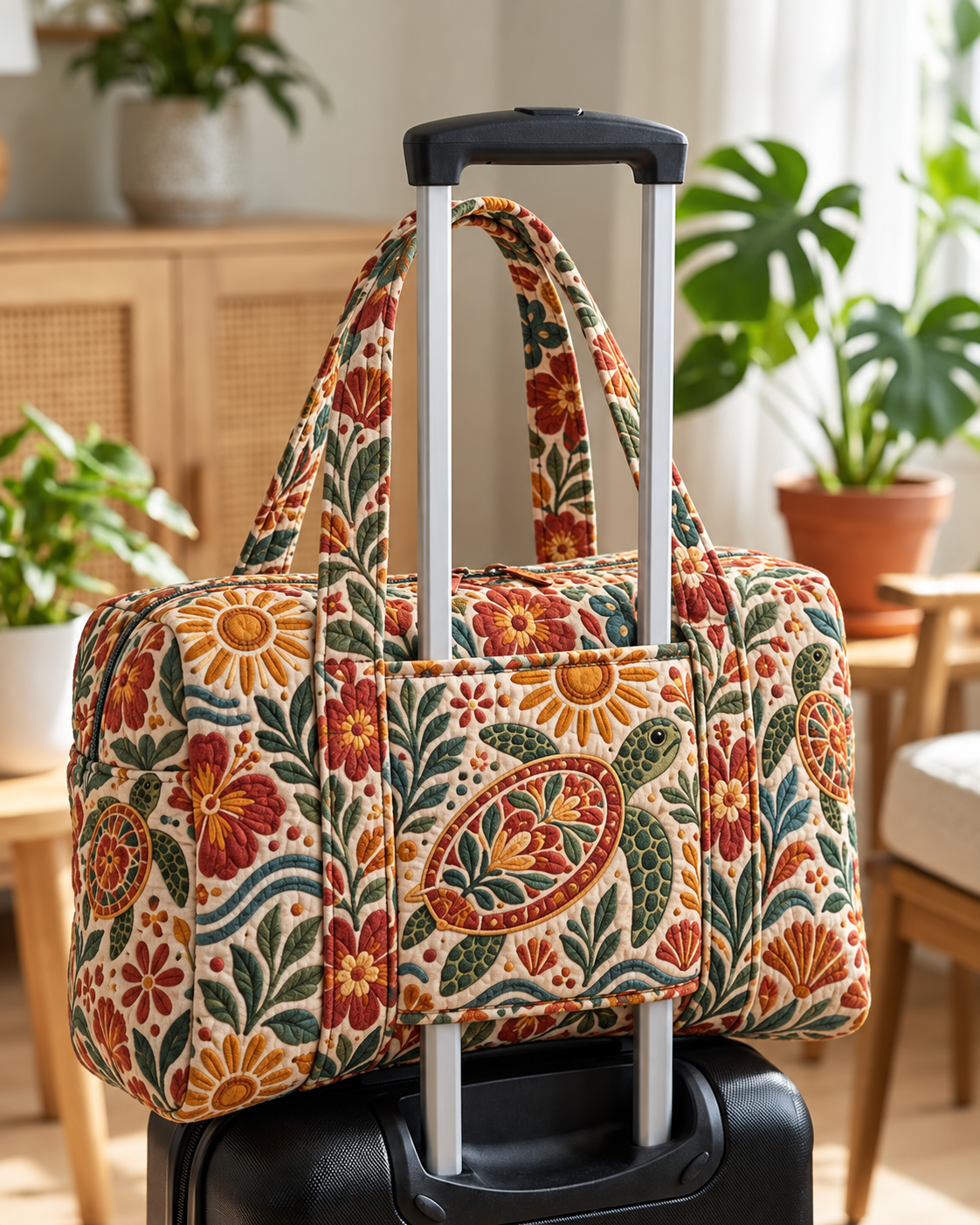 Rustic Sea Turtle Floral Quilted Weekender Bag With Trolley Sleeve