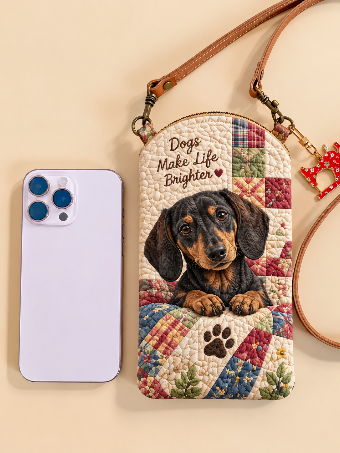 Dachshund Patchwork Portrait Quilted Slim Phone Crossbody Bag