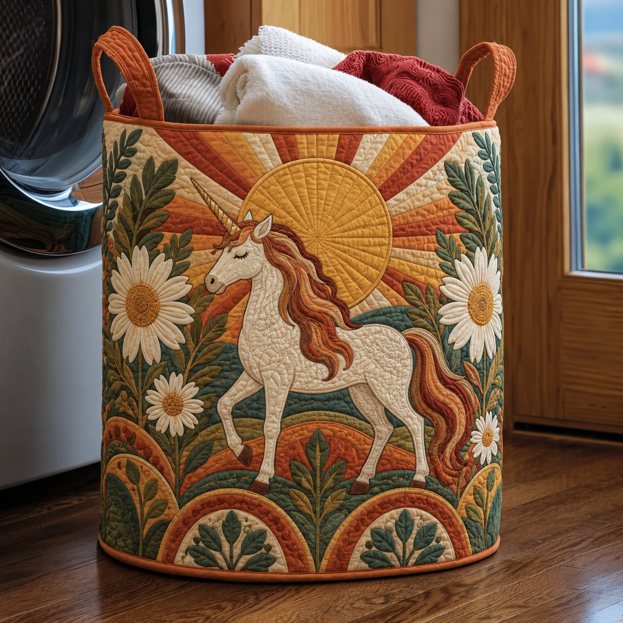 Sunset Sunflower Unicorn Quilted Laundry Basket