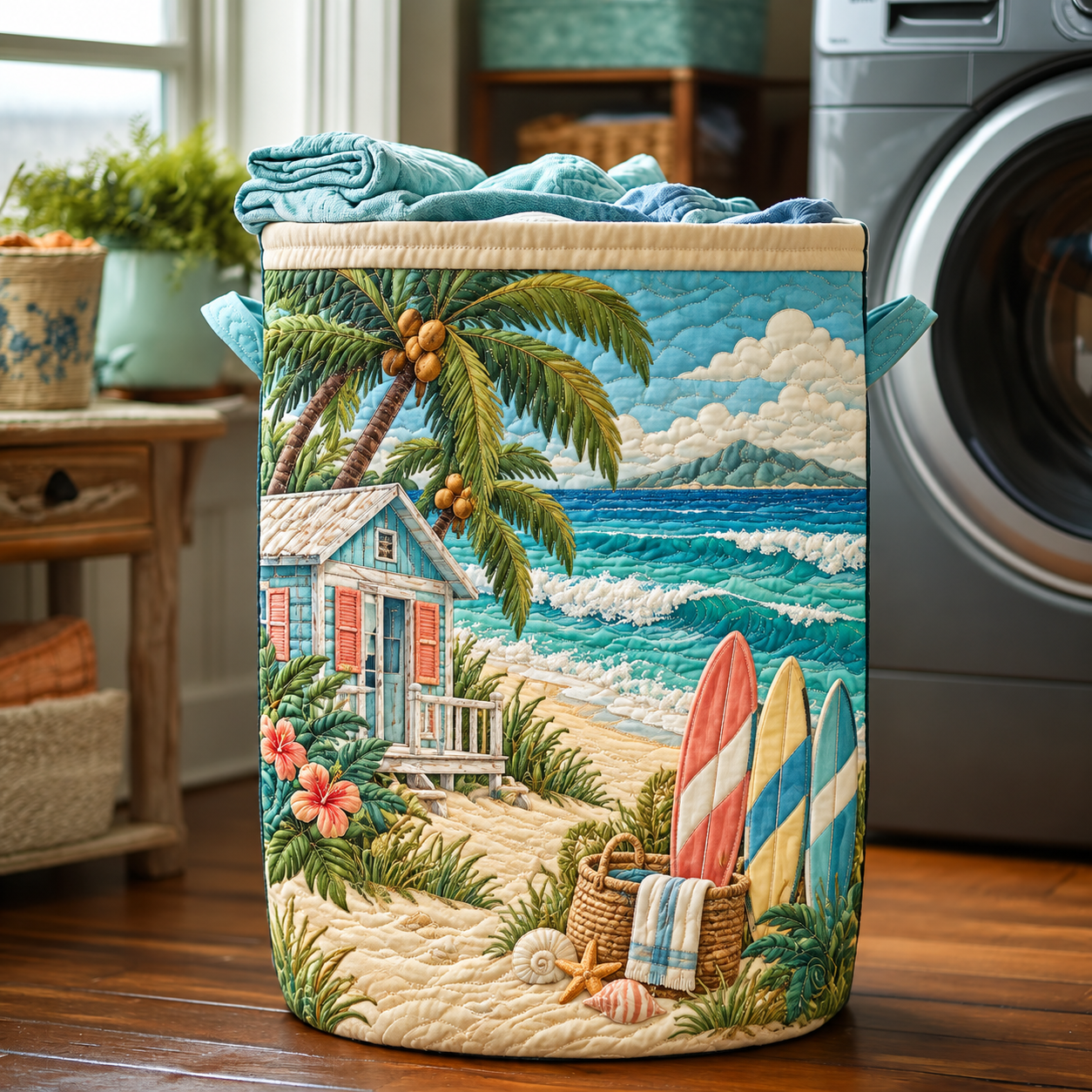 Tropical Beach Surfboard Paradise Quilted Laundry Basket