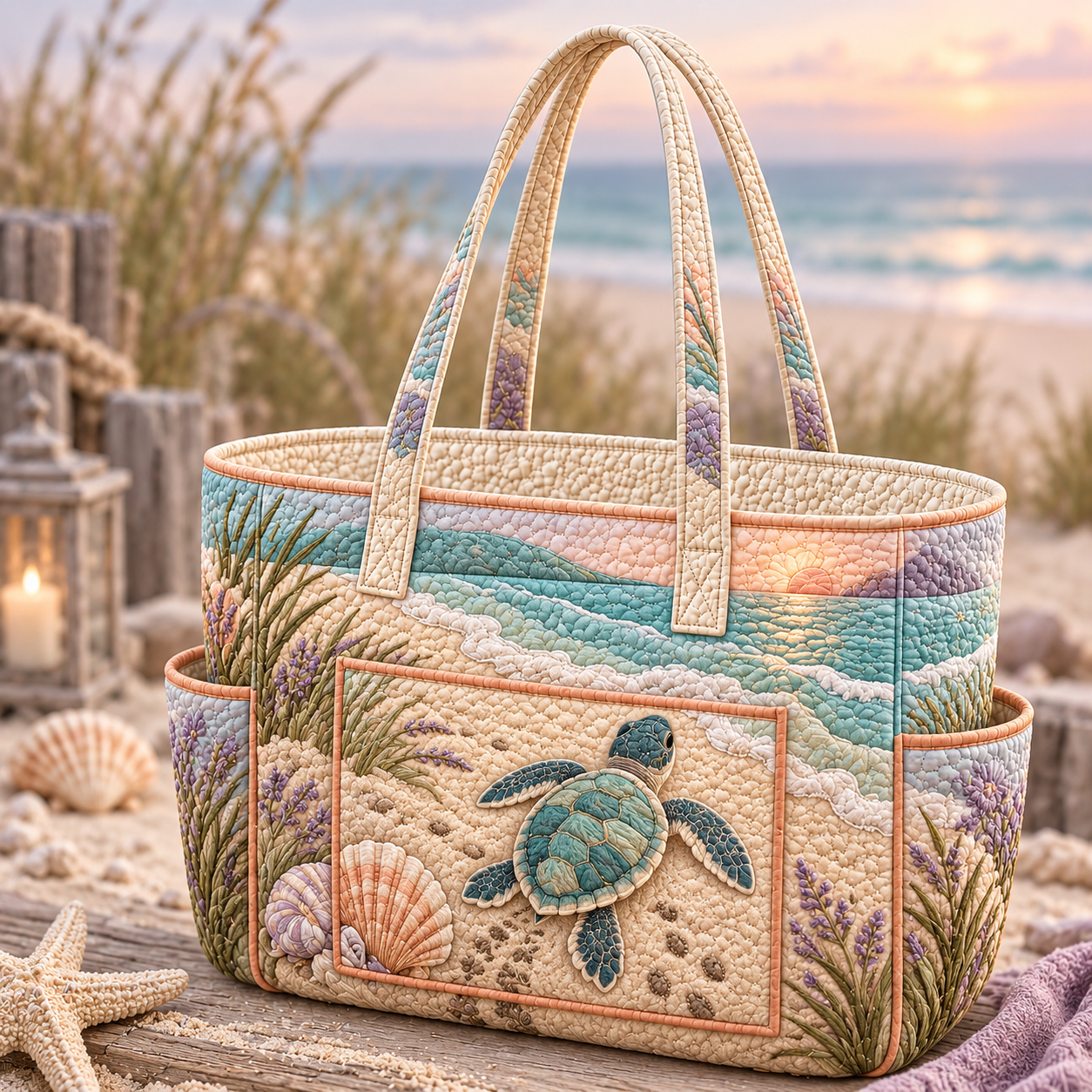 Pastel Beach Sea Turtle Multiple Pockets Quilted Tote Bag
