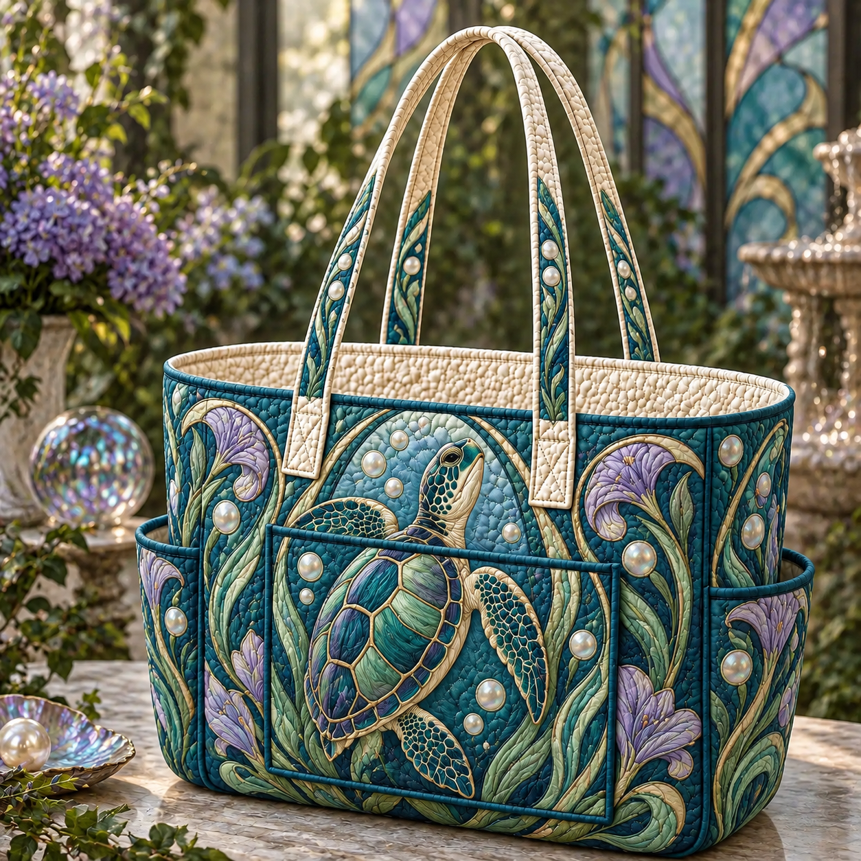 Boho Ocean Sea Turtle Multiple Pockets Quilted Tote Bag