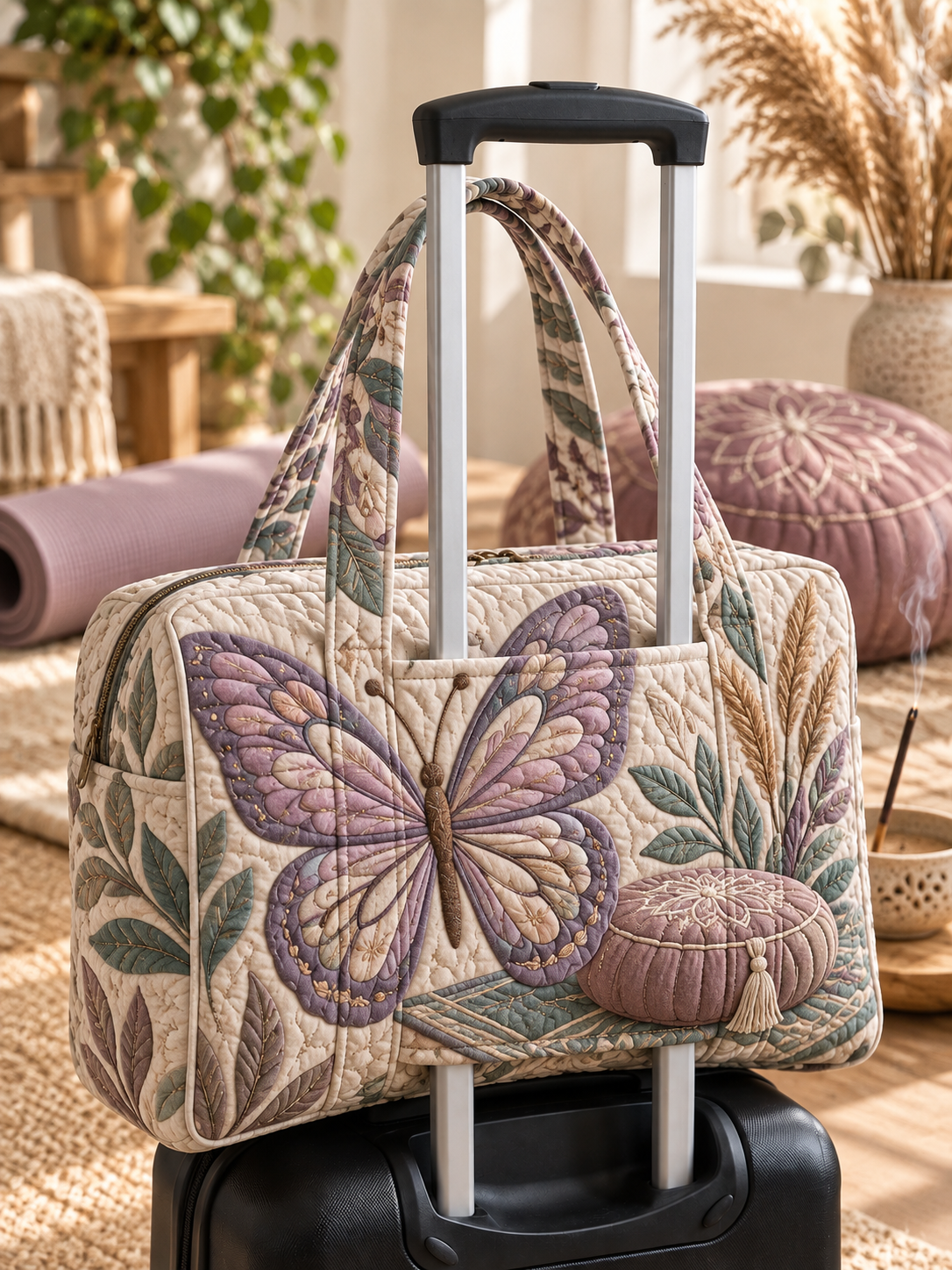 Lavender Butterfly Botanical Quilted Weekender Bag With Trolley Sleeve