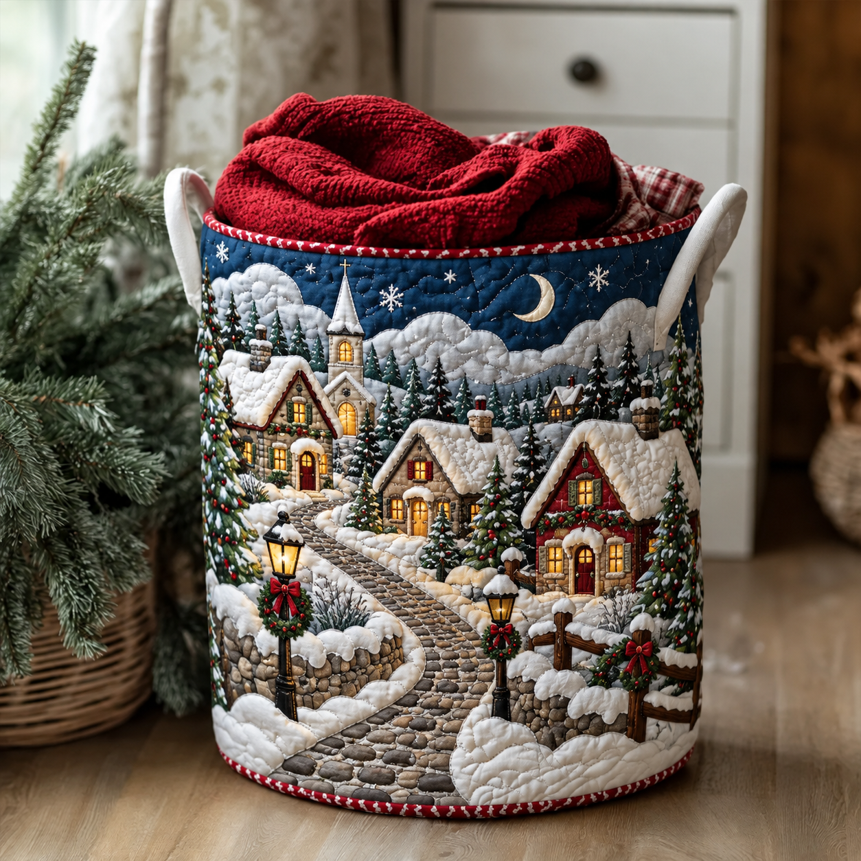 Snowy Christmas Village Moonlight Quilted Laundry Basket