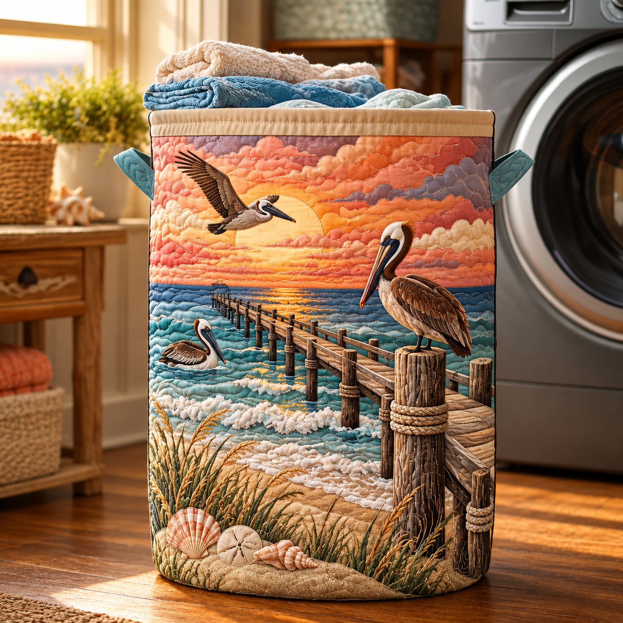 Pelican Seaside Sunset Quilted Laundry Basket