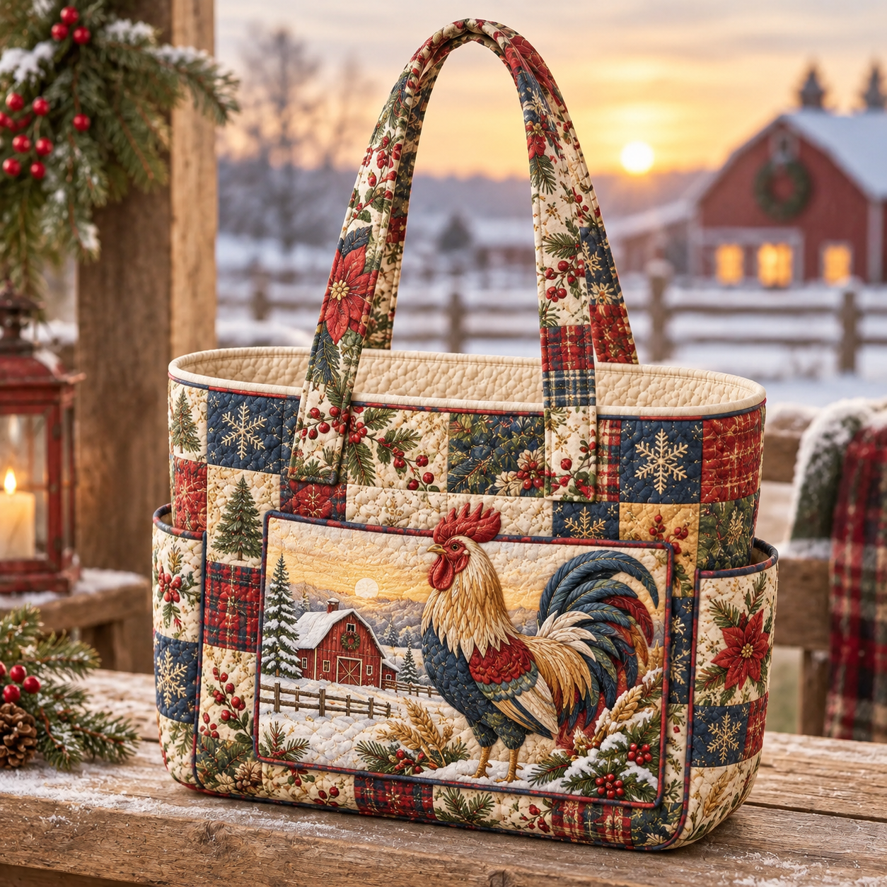 Winter Rooster Farm Patchwork Multiple Pockets Quilted Tote Bag
