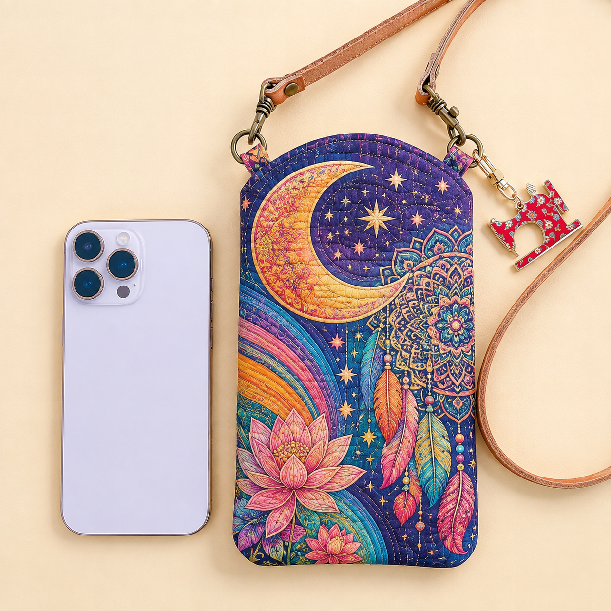 Celestial Moon & Lotus Dream Quilted Slim Phone Crossbody Bag