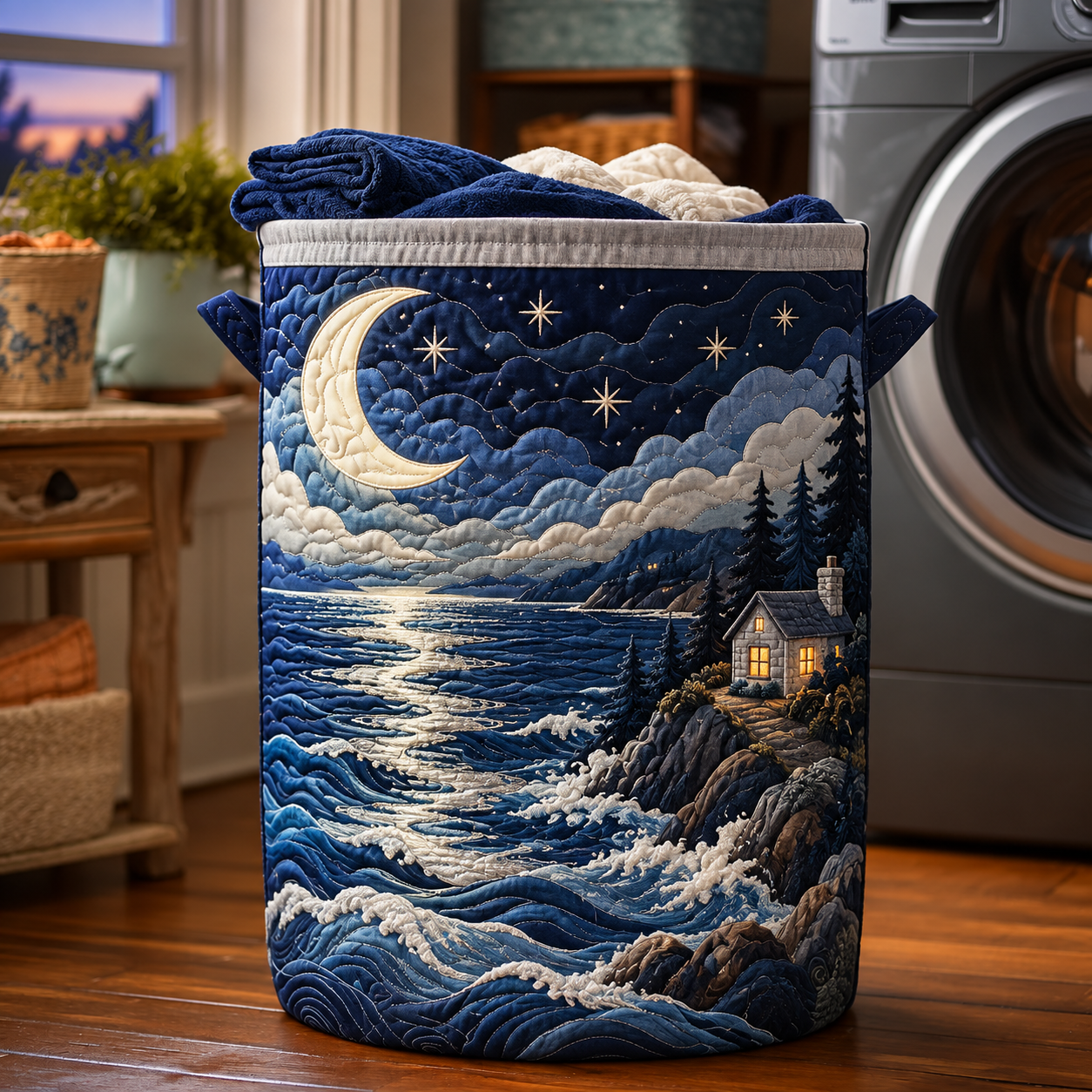 Moonlit Lighthouse Ocean Quilted Laundry Basket