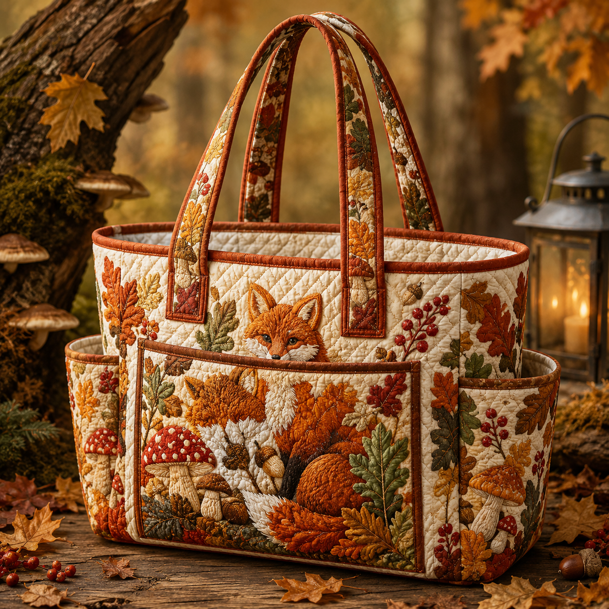 Autumn Fox Woodland Multiple Pockets Quilted Tote Bag