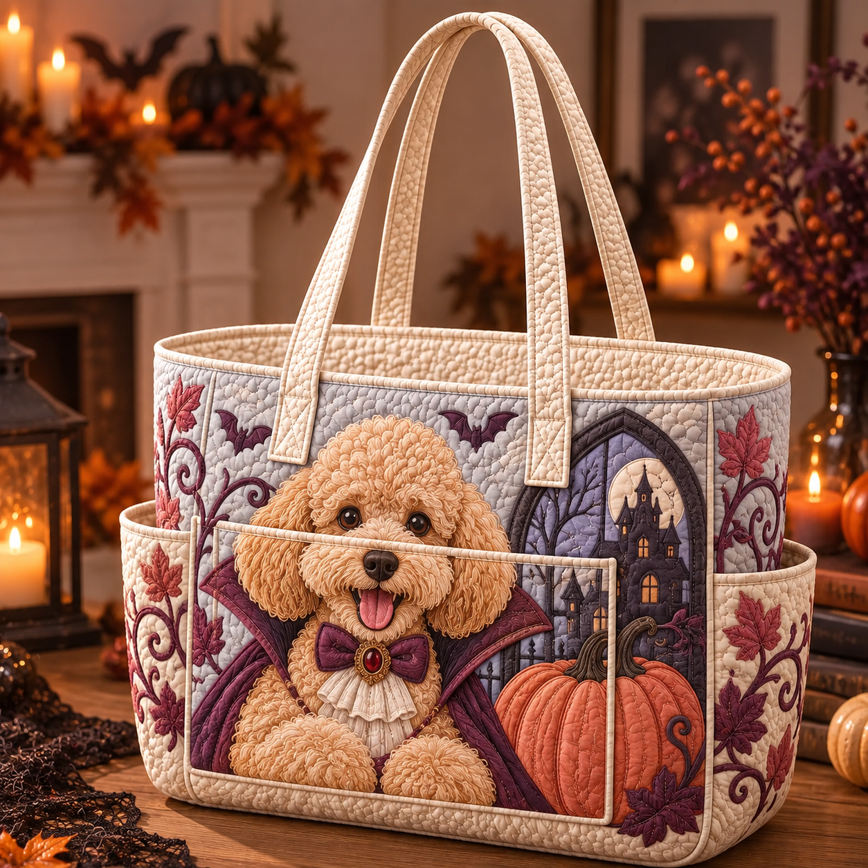 Cute Poodle Halloween Castle Multiple Pockets Quilted Tote Bag