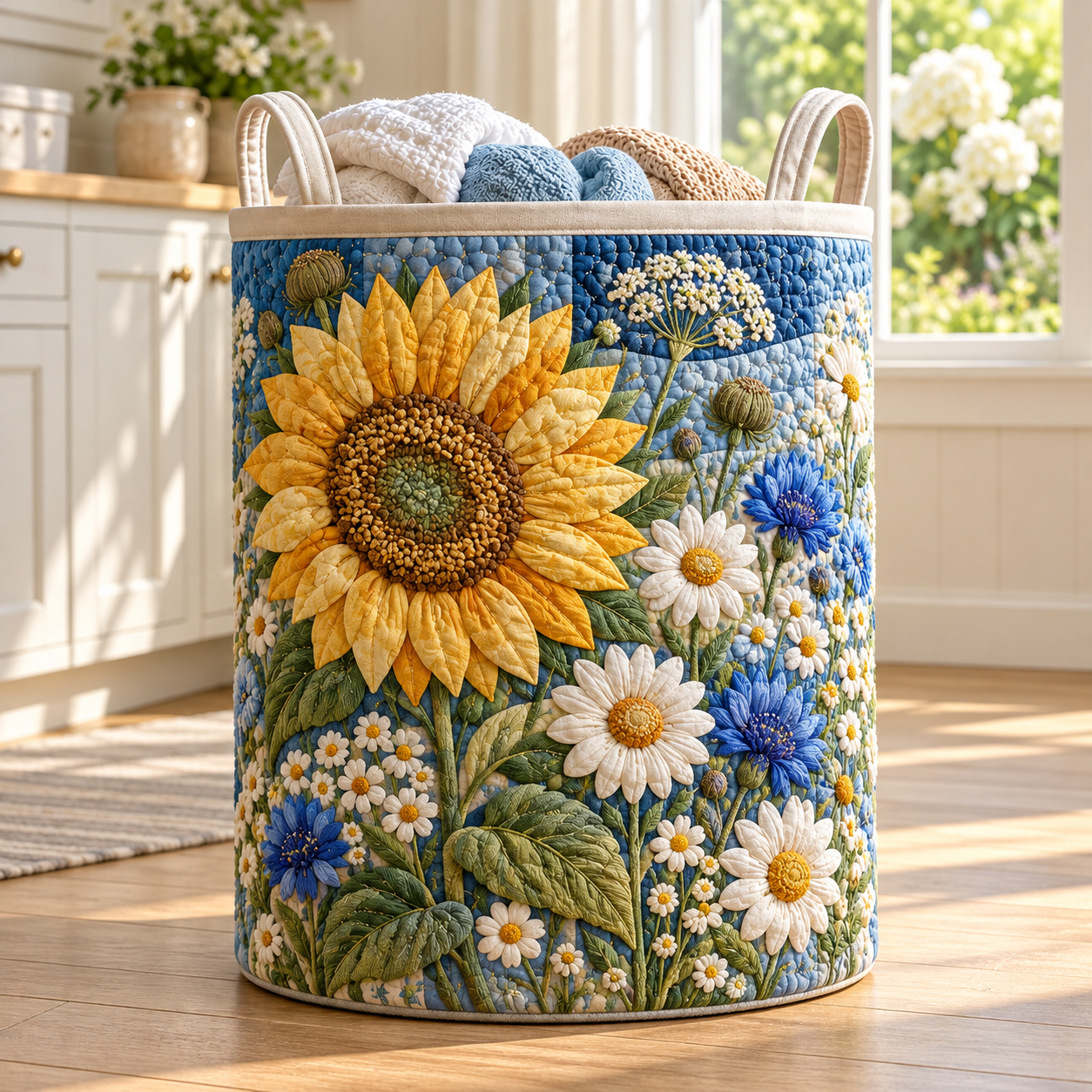 Sunflower Daisy Meadow Quilted Laundry Basket