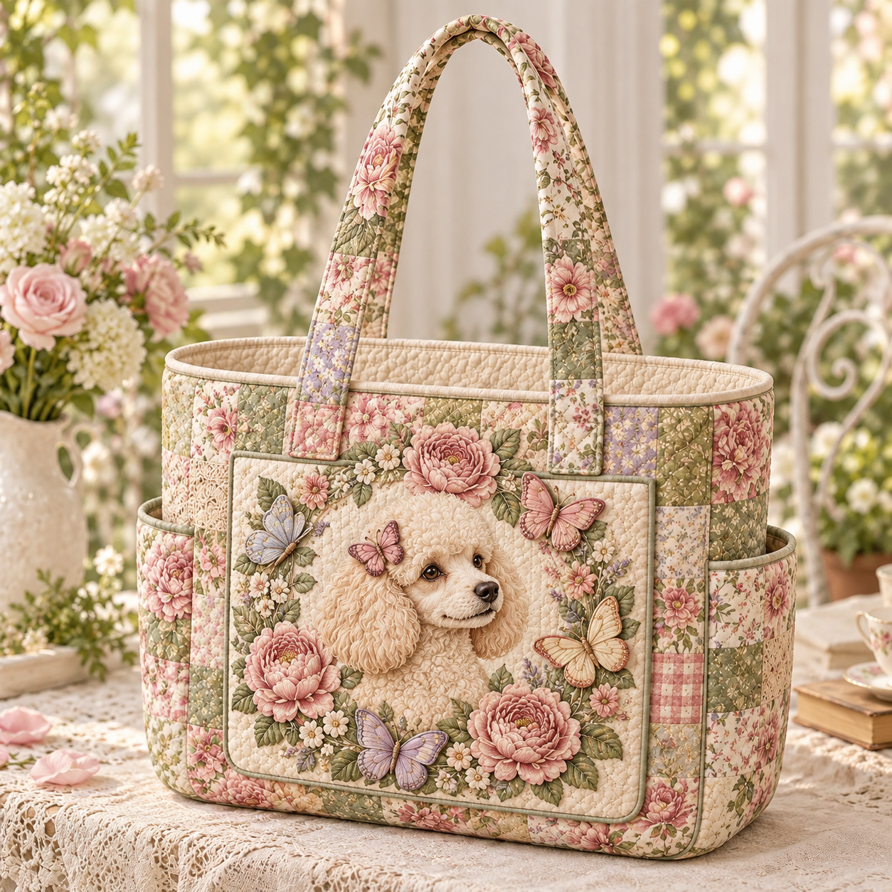 Pink Rose Poodle Multiple Pockets Quilted Tote Bag
