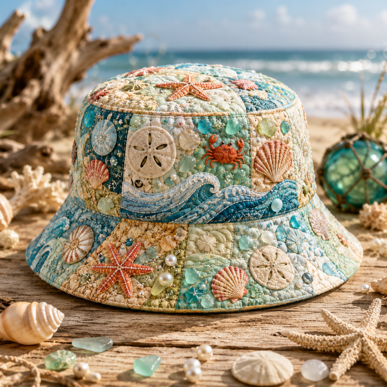 Seashell Patchwork Beach Quilted Fishing Hat