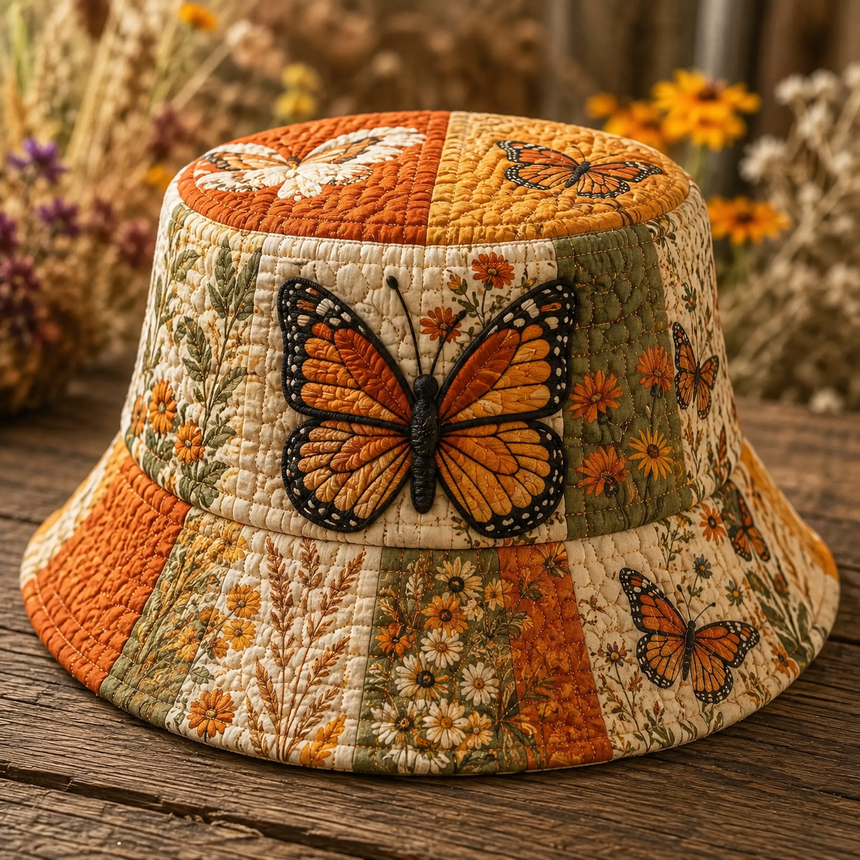 Monarch Butterfly Wildflower Quilted Fishing Hat