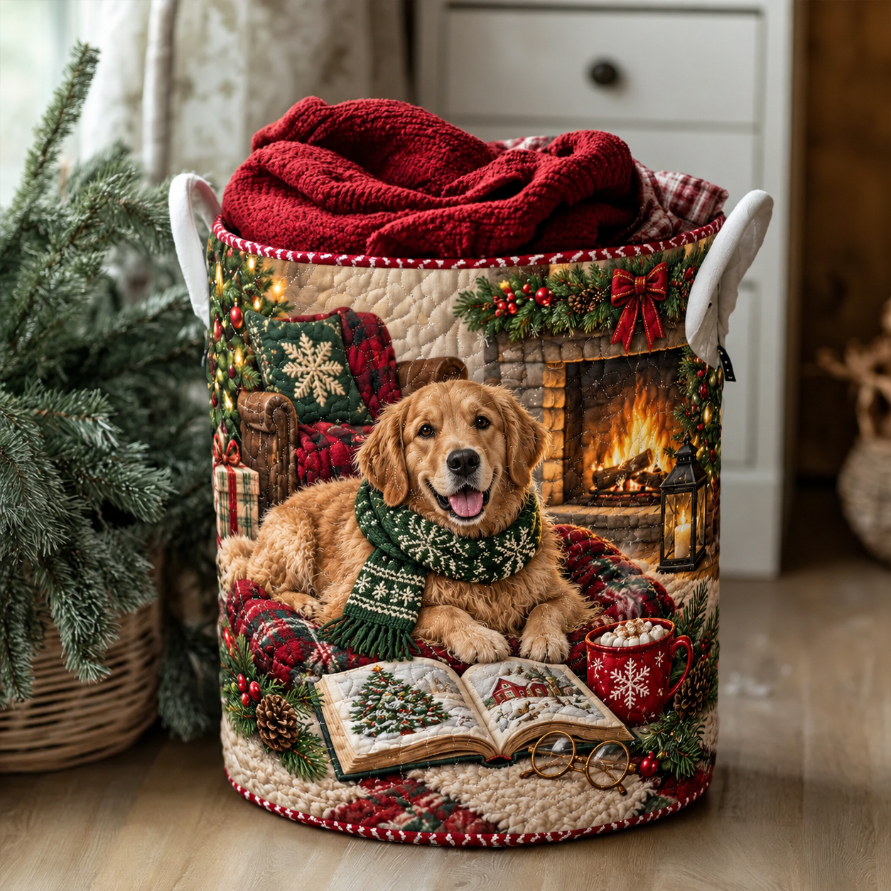 Golden Retriever Fireplace Reading Quilted Laundry Basket