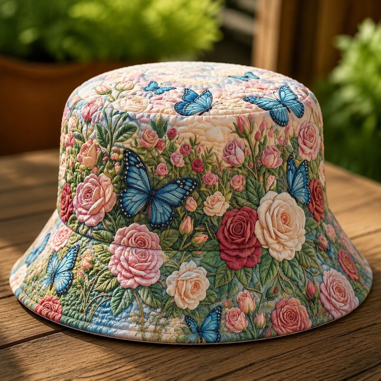 Rose Garden Blue Butterfly Quilted Bucket Hat