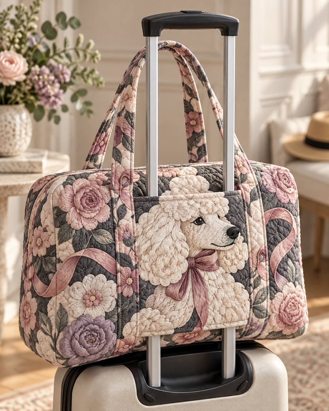 Floral White Poodle Quilted Weekender Bag With Trolley Sleeve