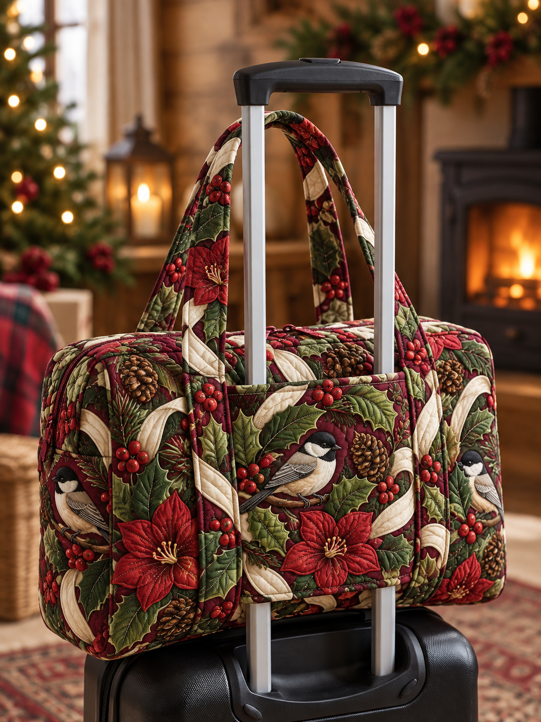 Classic Poinsettia Christmas Floral Quilted Weekender Bag With Trolley Sleeve