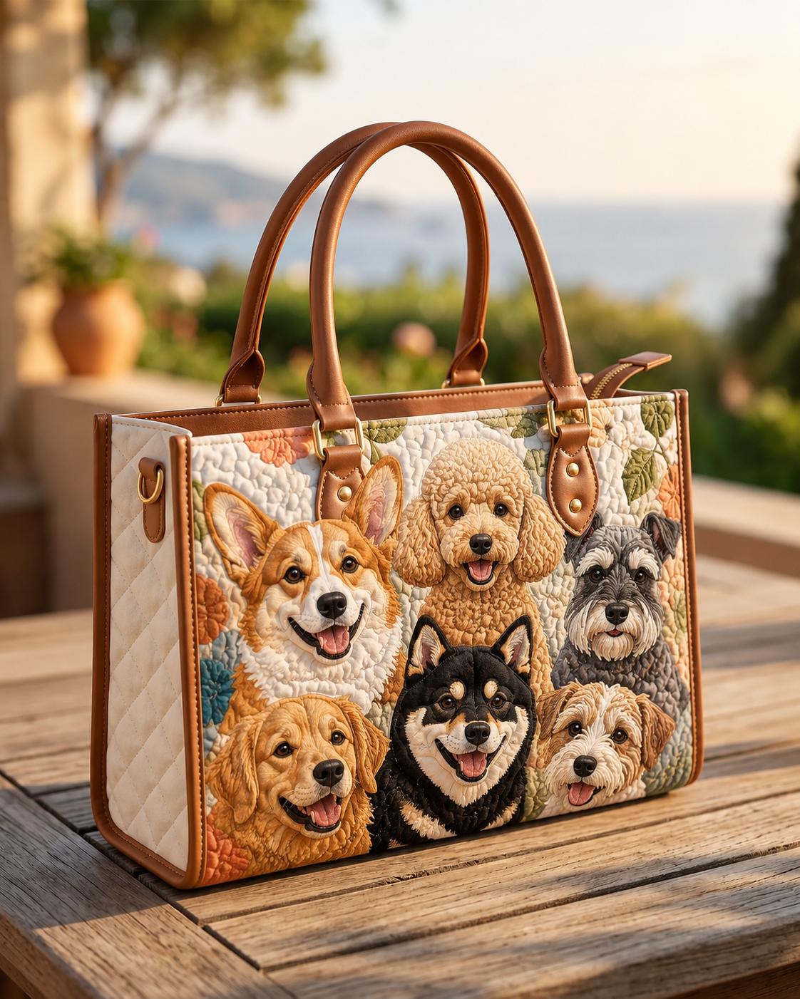 Adorable Puppy Family Portrait Quilted Leather Strap Bible Handbag