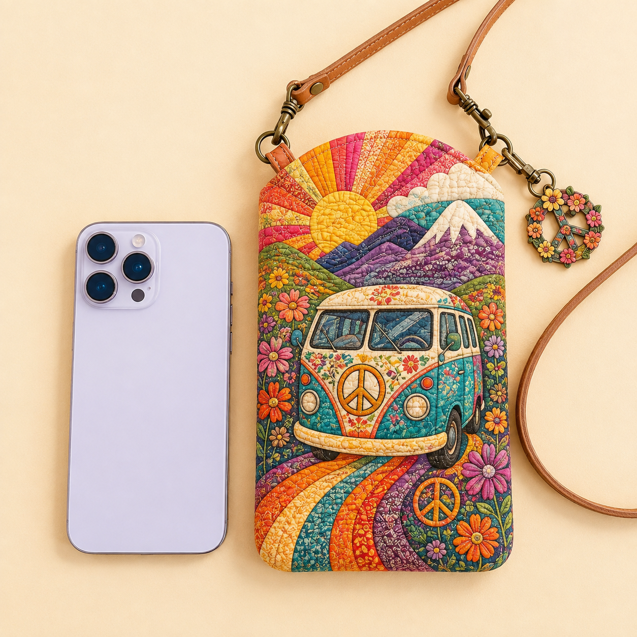 Retro Hippie Van Mountain Quilted Slim Phone Crossbody Bag