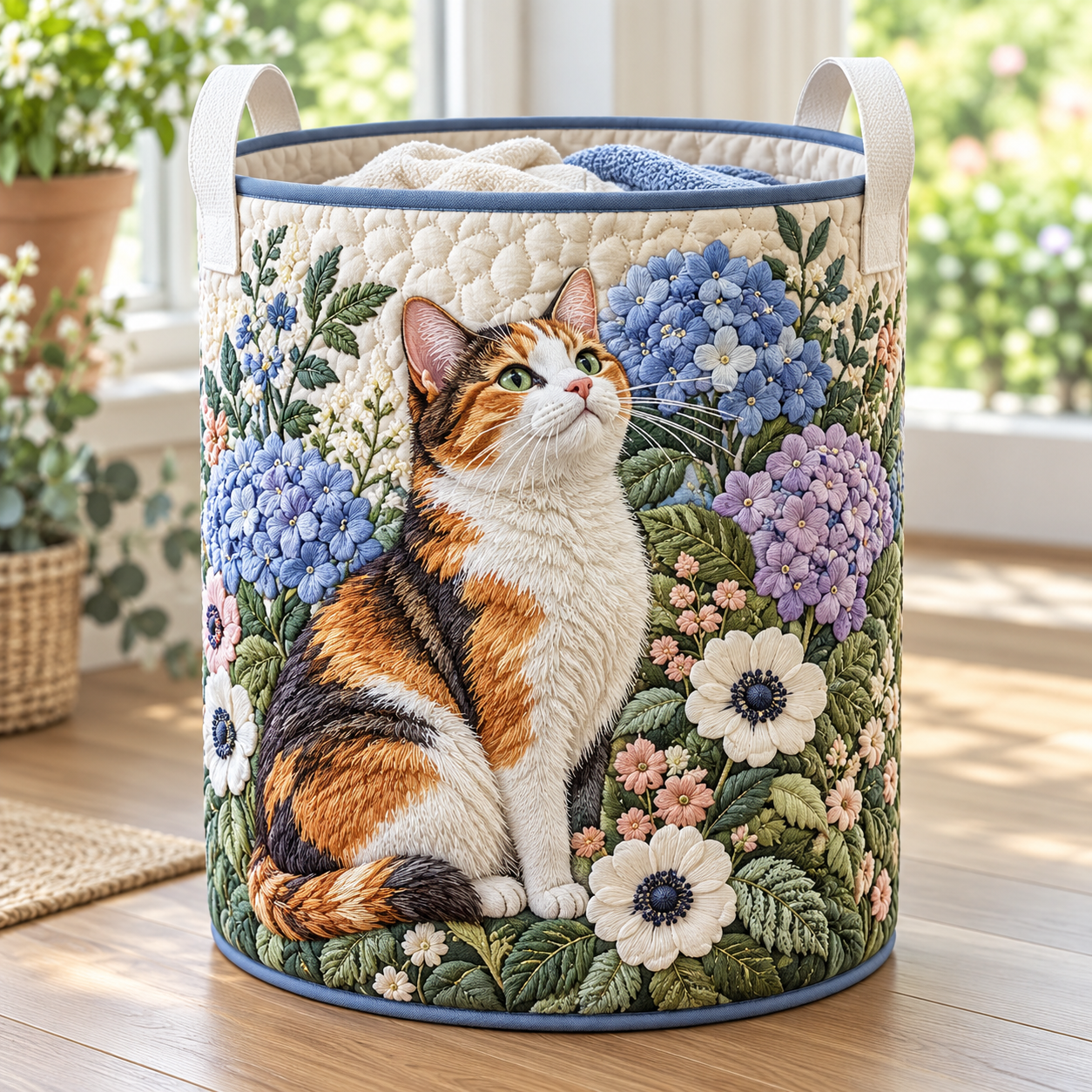 Calico Cat Hydrangea Garden Quilted Laundry Basket