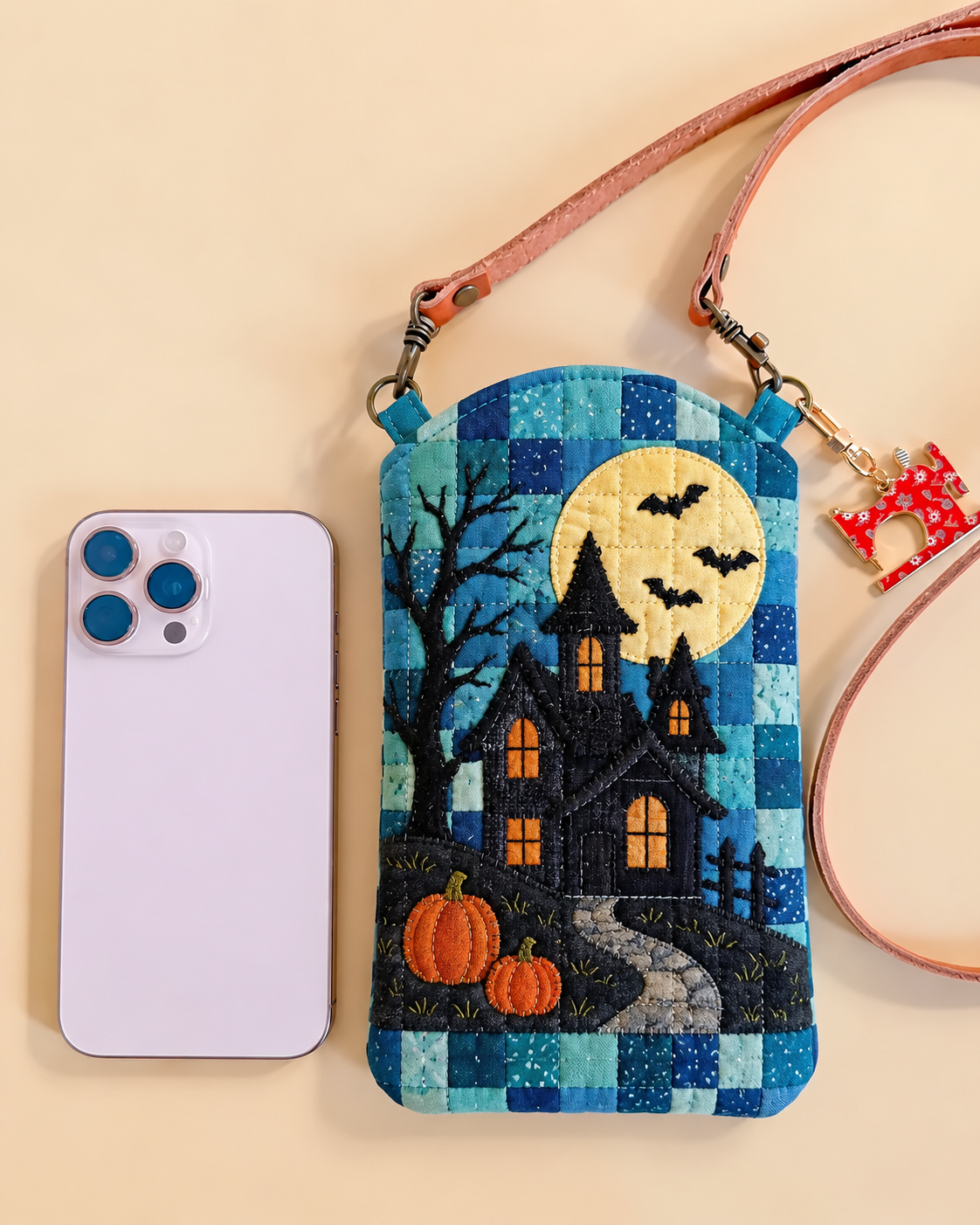 Haunted House Full Moon Quilted Slim Phone Crossbody Bag