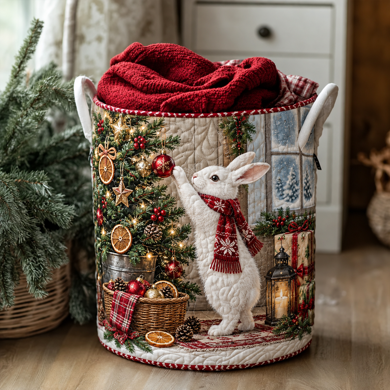 White Rabbit Christmas Tree Quilted Laundry Basket