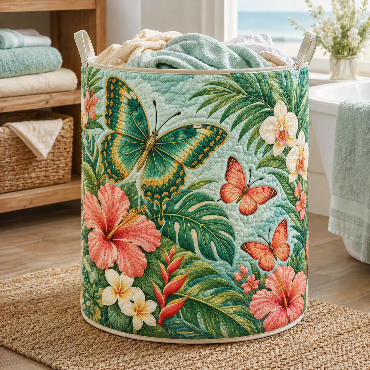 Tropical Butterfly Hibiscus Quilted Laundry Basket