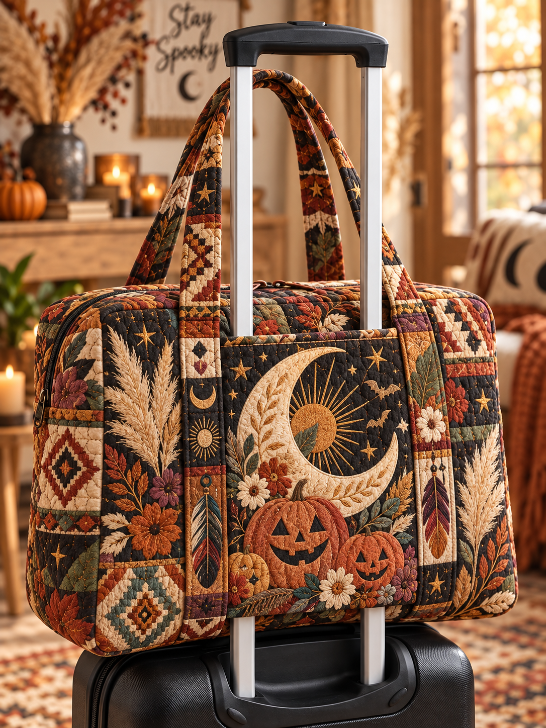 Moonlit Pumpkin Patchwork Quilted Weekender Bag With Trolley Sleeve