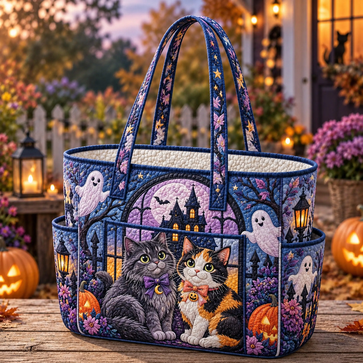 Cat Multiple Pockets Quilted Tote Bag