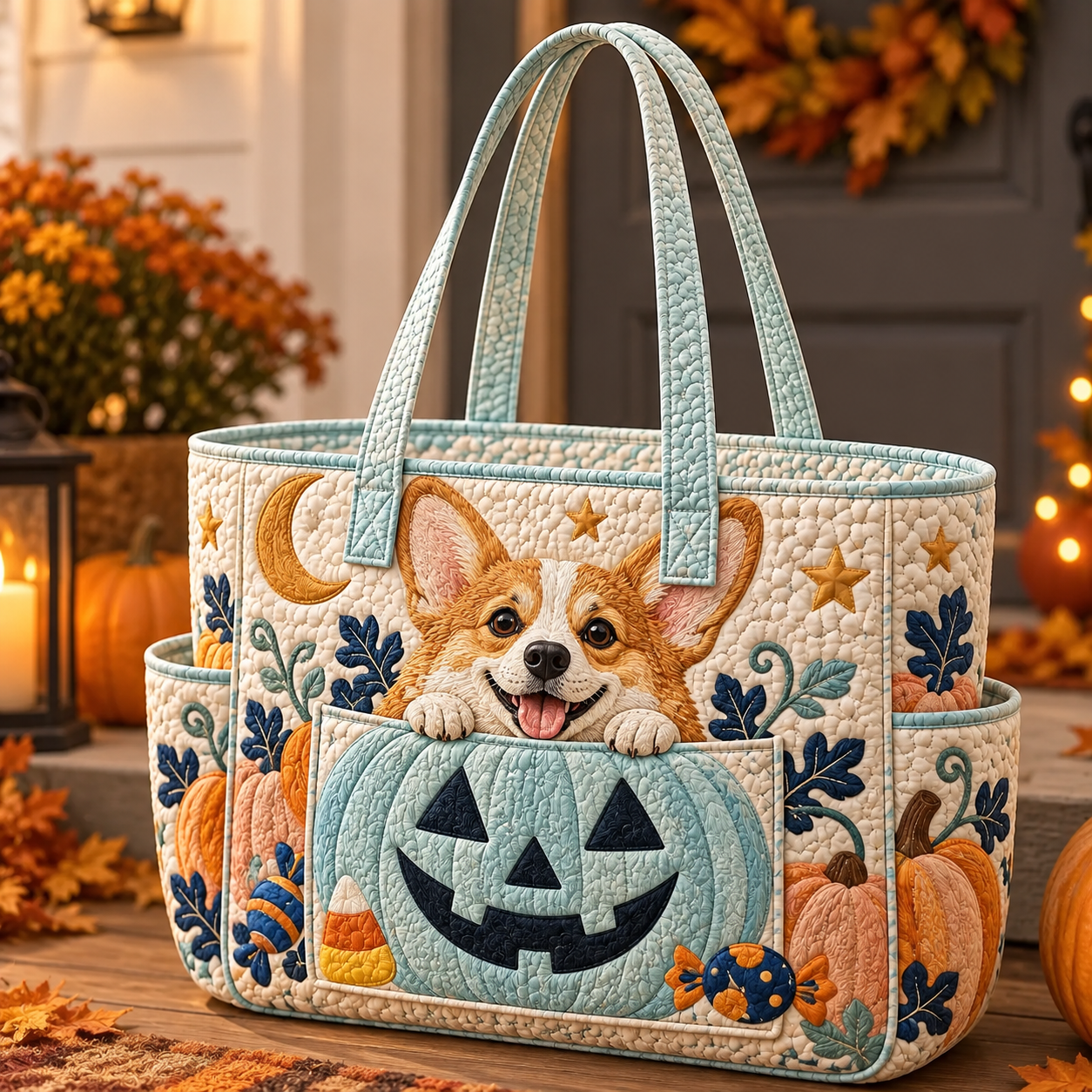 Corgi Pumpkin Face Halloween Multiple Pockets Quilted Tote Bag